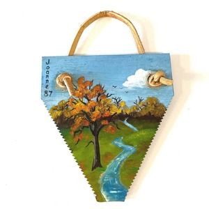 Hand Painted Farm Art Craft Sickle Vintage Machinery Landscape Signed Metal 3in